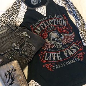 Small black Affliction 3/4 sleeve top