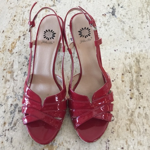 Yellow Box red patent cork heels