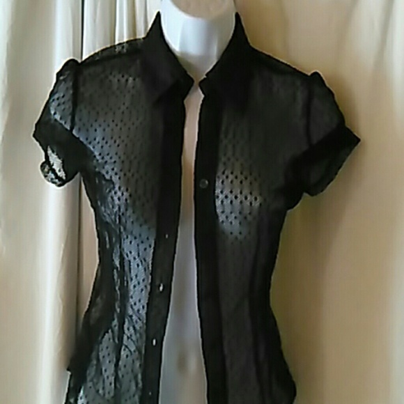 Black short sleeve button up see through shirt.
