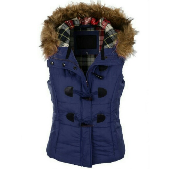 Jackets & Blazers - Navy Blue Faux Fur Hooded Vest