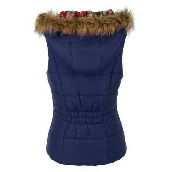Navy Blue Faux Fur Hooded Vest - Picture 2 of 2