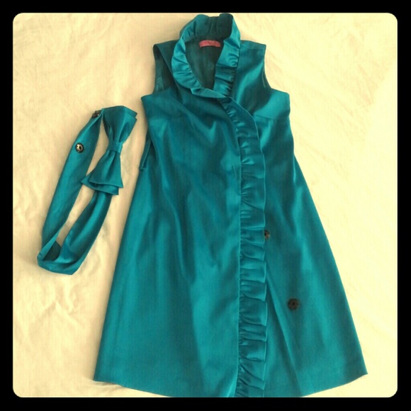 Eliza J Ruffled turquoise dress with bow belt