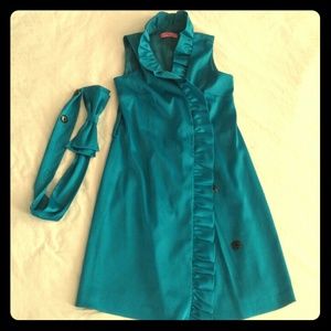 Eliza J Ruffled turquoise dress with bow belt