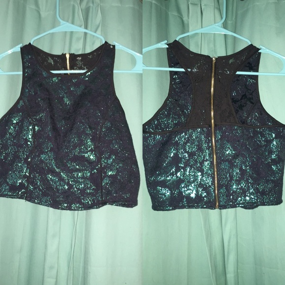 Shiny blue and green paisley crop top