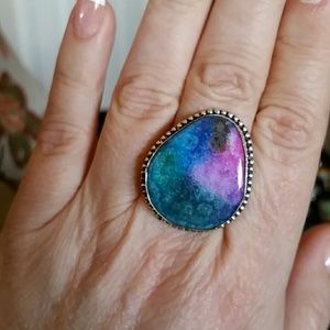 Rainbow solar quartz druzy size 10.5 silver ring