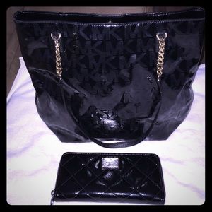 MICHAEL KORS BLACK PATENT TOTE AND WALLET