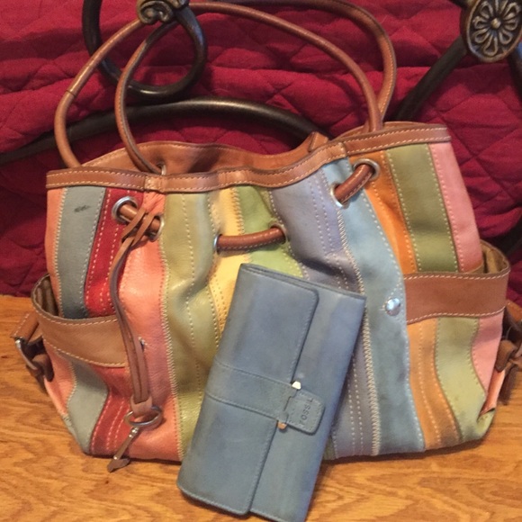 Vintage multicolored satchel wallet set