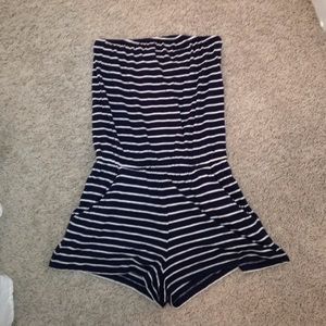 Strapless Navy Blue and White Romper