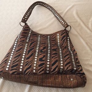 Brown rhinestone animal print handbag