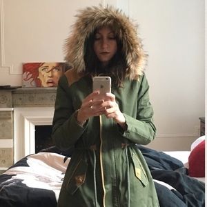 Hooded coat with faux fur trim