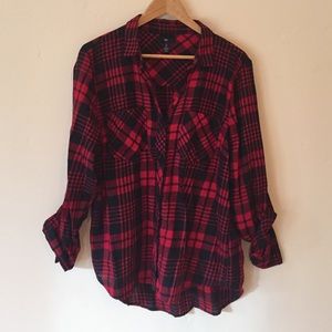 Navy and red plaid button up