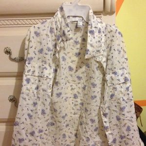 White Button Up Blouse With Blue Floral Design
