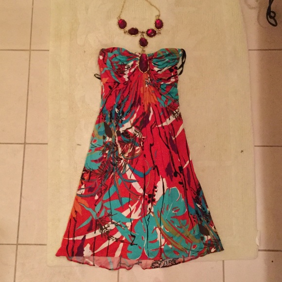 Strapless minidress w/ jeweled necklace attached