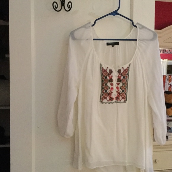 White sheer blouse with multicolored stitching