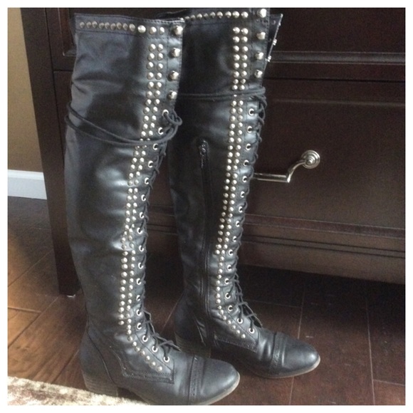 Lace up thigh high joe boot with studs