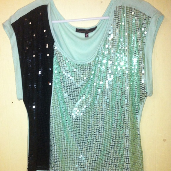 Sequin black and mint green color block top