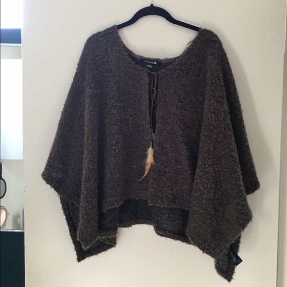 Forever 21 Sweaters - Fuzzy, comfortable, knit poncho w/ feather tie
