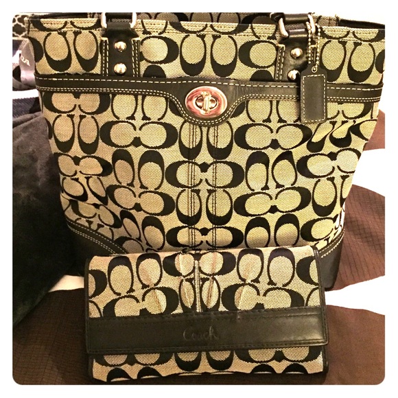 Large black leather and canvas Coach purse