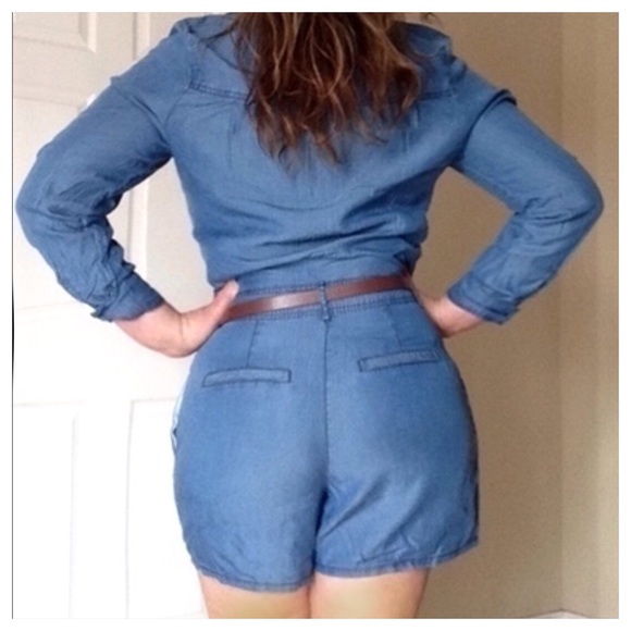 💥SALE! Chambray Plus Romper w/ Belt - Picture 3 of 3