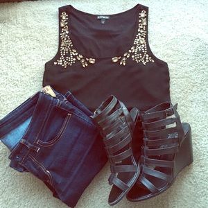Express: Black Tank Top with Gold Rhinestones