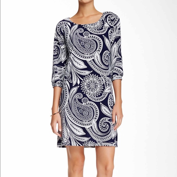 Papillon printed shift dress/ navy and white