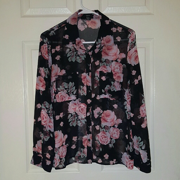 forever 21 semi-sheer floral button down blouse