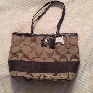 Coach Signature Stripe Tote Khaki/Mahogany