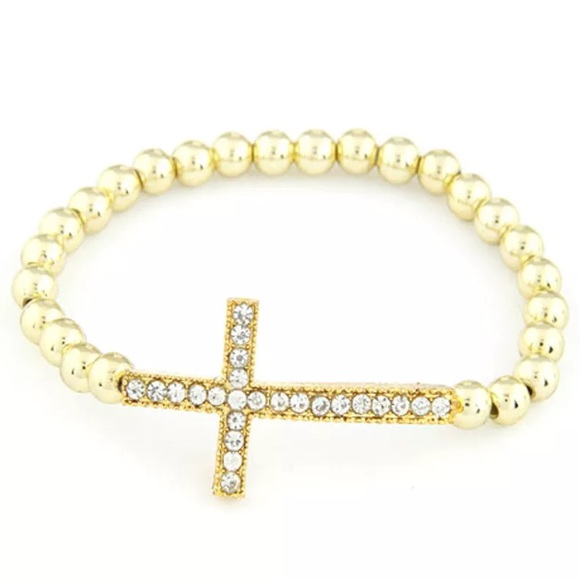 NEW! Gold Cross Stretch Bracelet Beads Crystal Gem - Picture 1 of 3