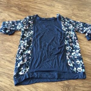 Long sleeved blue shirt with floral sleeves