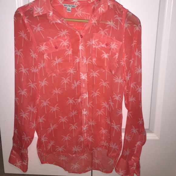 Peach long sleeve button up with palm tree pattern