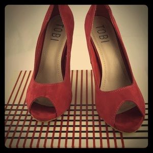 Red felt-like material high heel shoes