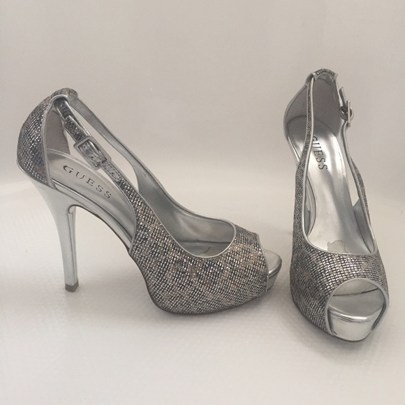 Silver Guess peep toe heels