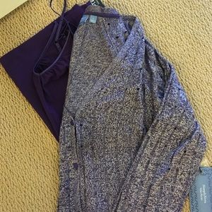 Purple cami and Metallically purple cardigan