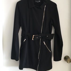 Black, belted trench coat