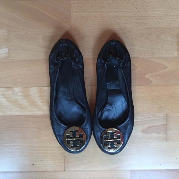 Tory Burch Black Ballet Flats with Gold Decal