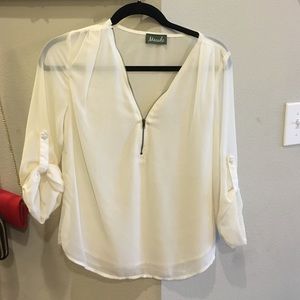 White Blouse with V-neck and black zipper