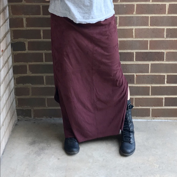Faux Suede Slit Maxi Skirt Burgundy