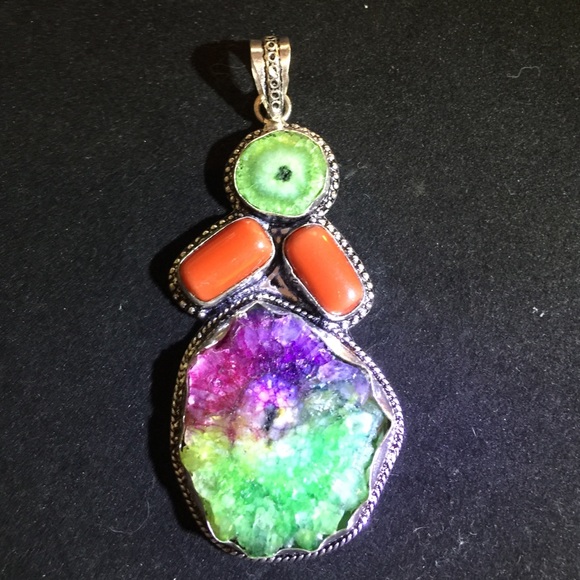 Druzy quartz & coral sterling silver pendant