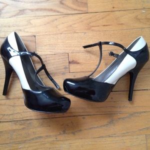 Guess Brand Black and White T-strap heels