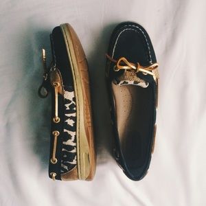 Gold & Black Sperrys with Leopard Print Detail