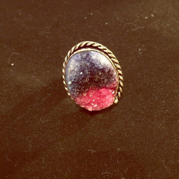 Tri color druzy Quartz 925 ring