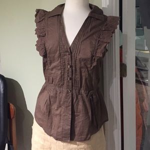 DKNY Button Up Brown Sleeveless Ruffled Shirt