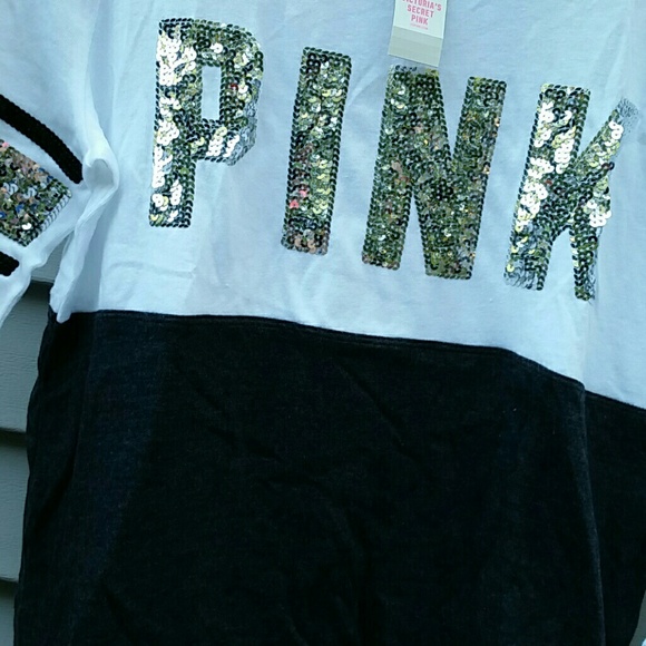 PINK 3/4 Sleeve  Dark Grey/White Sequin Tee BNWT - Picture 2 of 4