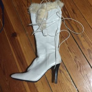 Cream Nine West fur leather boots
