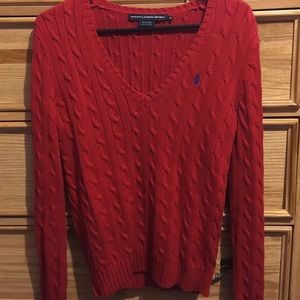 Deep Red Polo Ralph Lauren V-Neck Cable Sweater