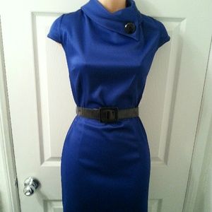 Professional collar bodycon silk belted dress