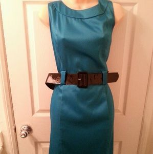 Professional silk teal bodycon belted dress