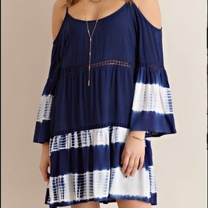 Navy open shoulder dress in tie dye!