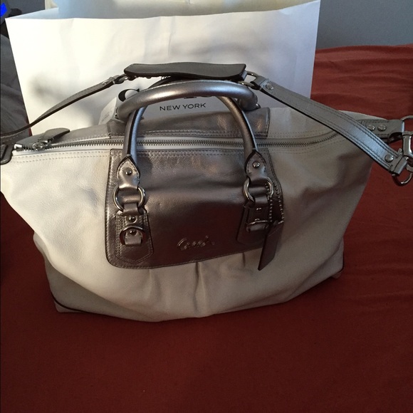 Authentic Coach White & Pewter Leather Bag