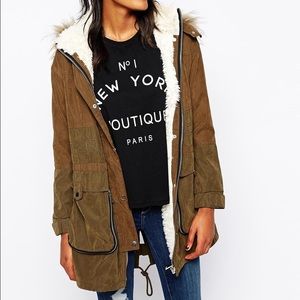 River Island Faux Fur Hood Parka w/ Shearling In